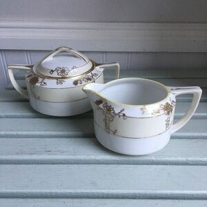 Vintage Nippon Sugar and Creamer Hand Painted Gold Floral Pattern